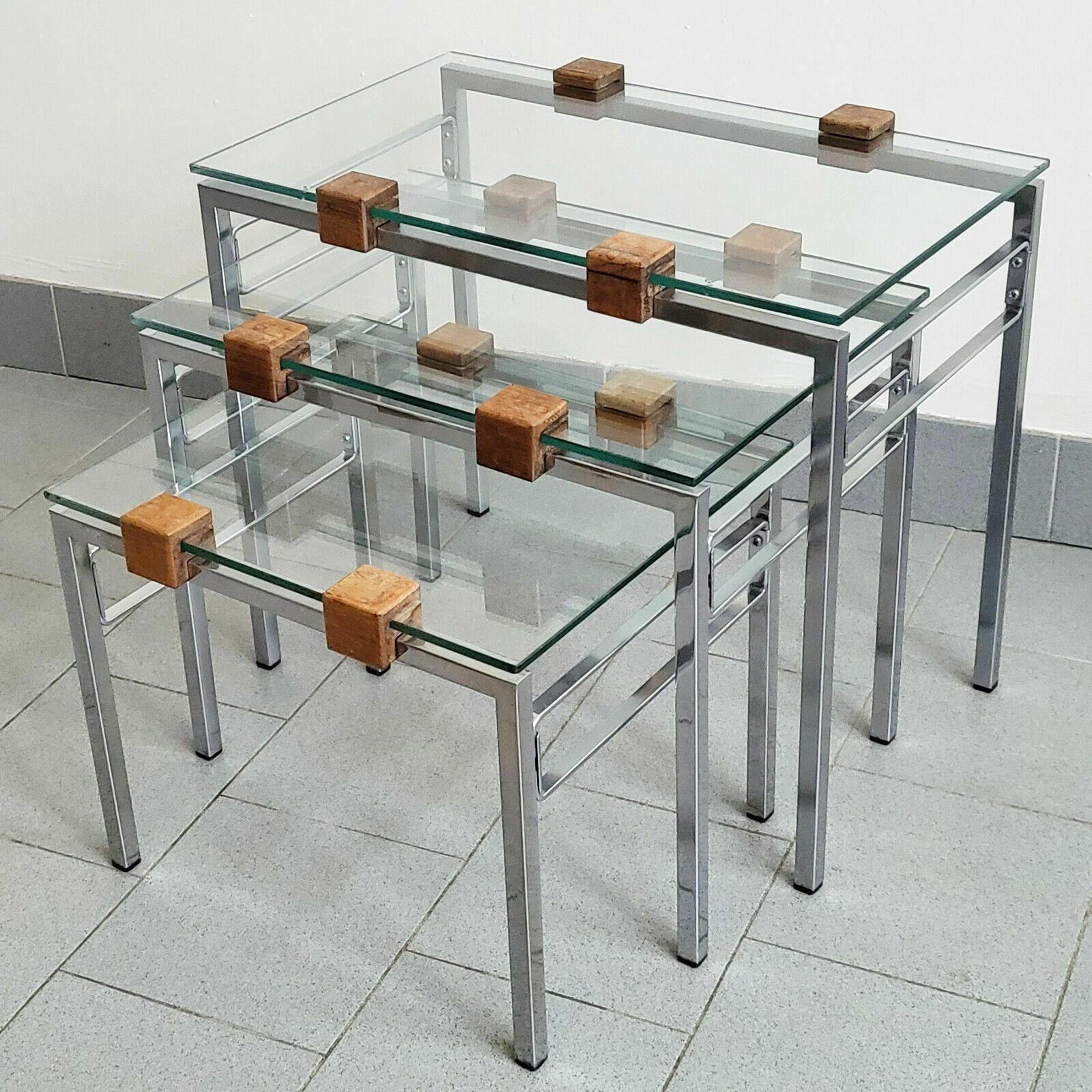 Set Of 3 Vintage Scandinavian Nest Of Tables 1960 Teak Steel & Glass 60s 1960s
