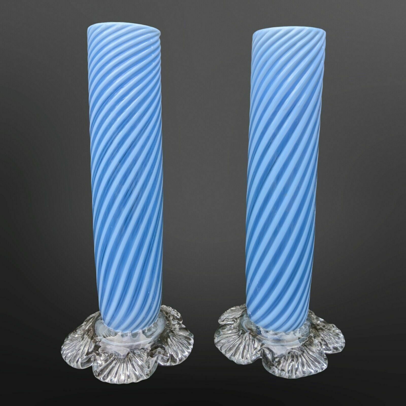 Beautiful Pair Of Victorian Blue Spiral Glass Vases photo furniture