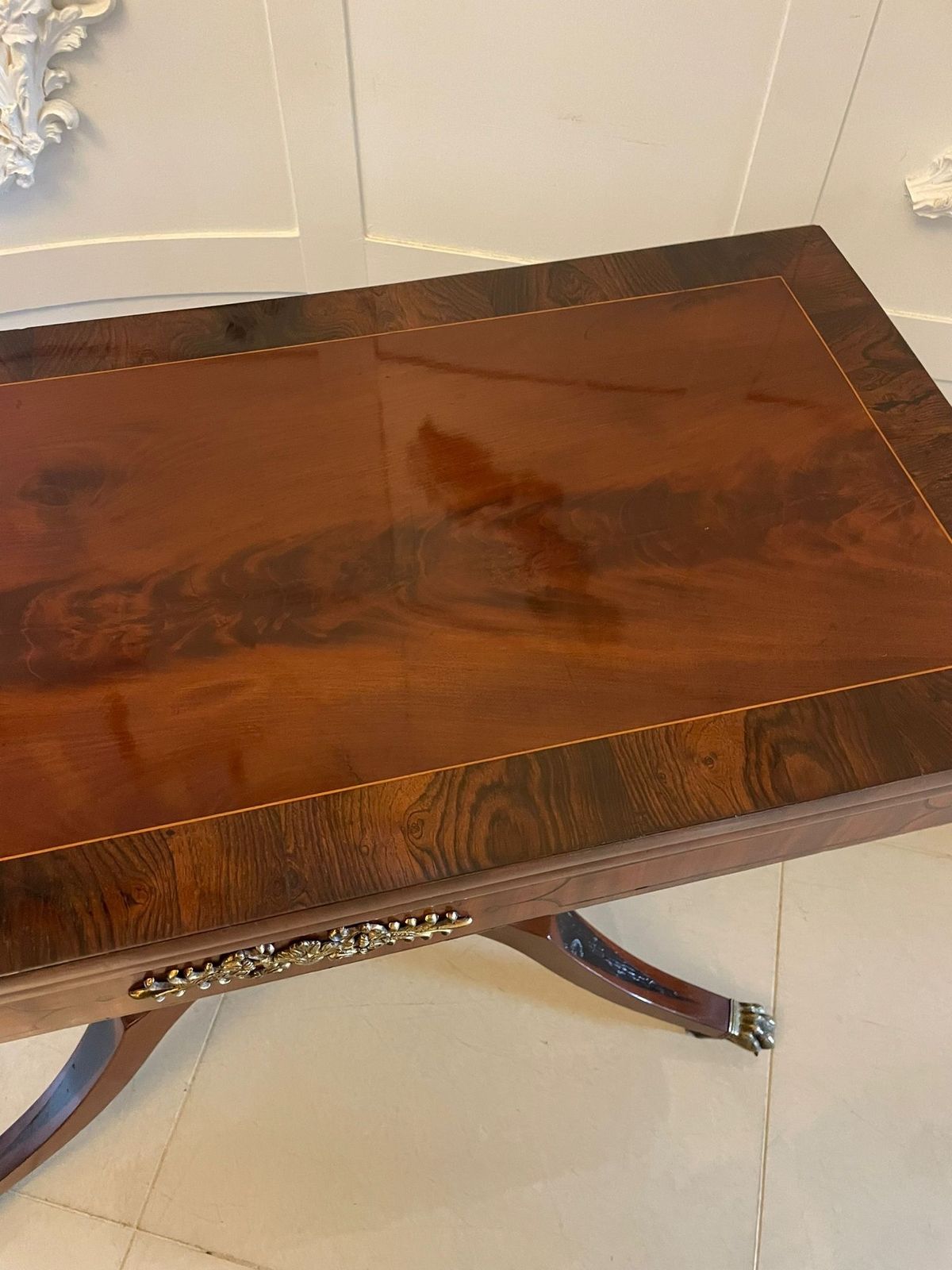 Antique Figured Mahogany Card Table With Gilded Brass Mounts photo for sale
