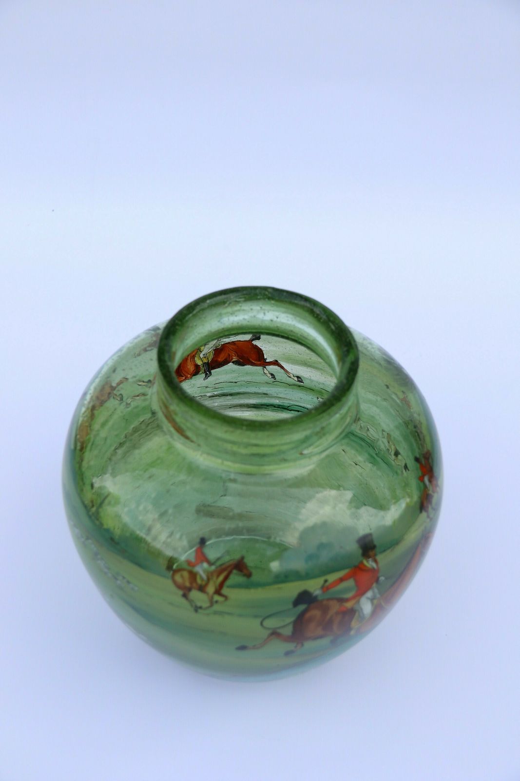 photo for sale An Outstanding Large Bohemian Hand Blown Green Glass Vase Decorated With A Superb Hand Painted Enamelled Fox Hunting Scene.