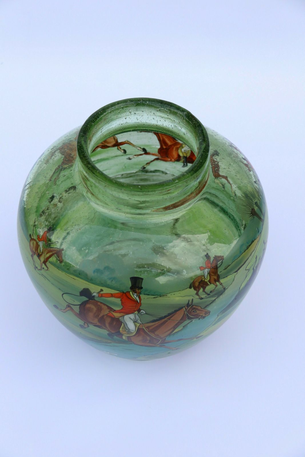 Home Decor An Outstanding Large Bohemian Hand Blown Green Glass Vase Decorated With A Superb Hand Painted Enamelled Fox Hunting Scene. photo