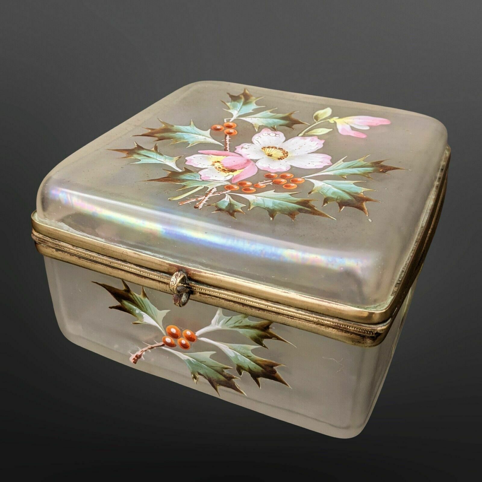 Pretty Victorian Iridescent Glass Jewellery Box Hand Enamelled