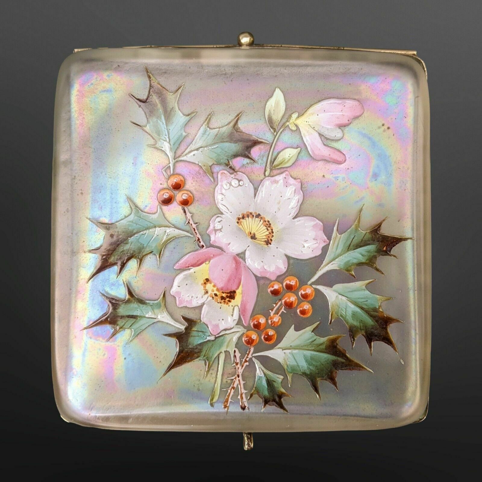 Pretty Victorian Iridescent Glass Jewellery Box Hand Enamelled photo for sale