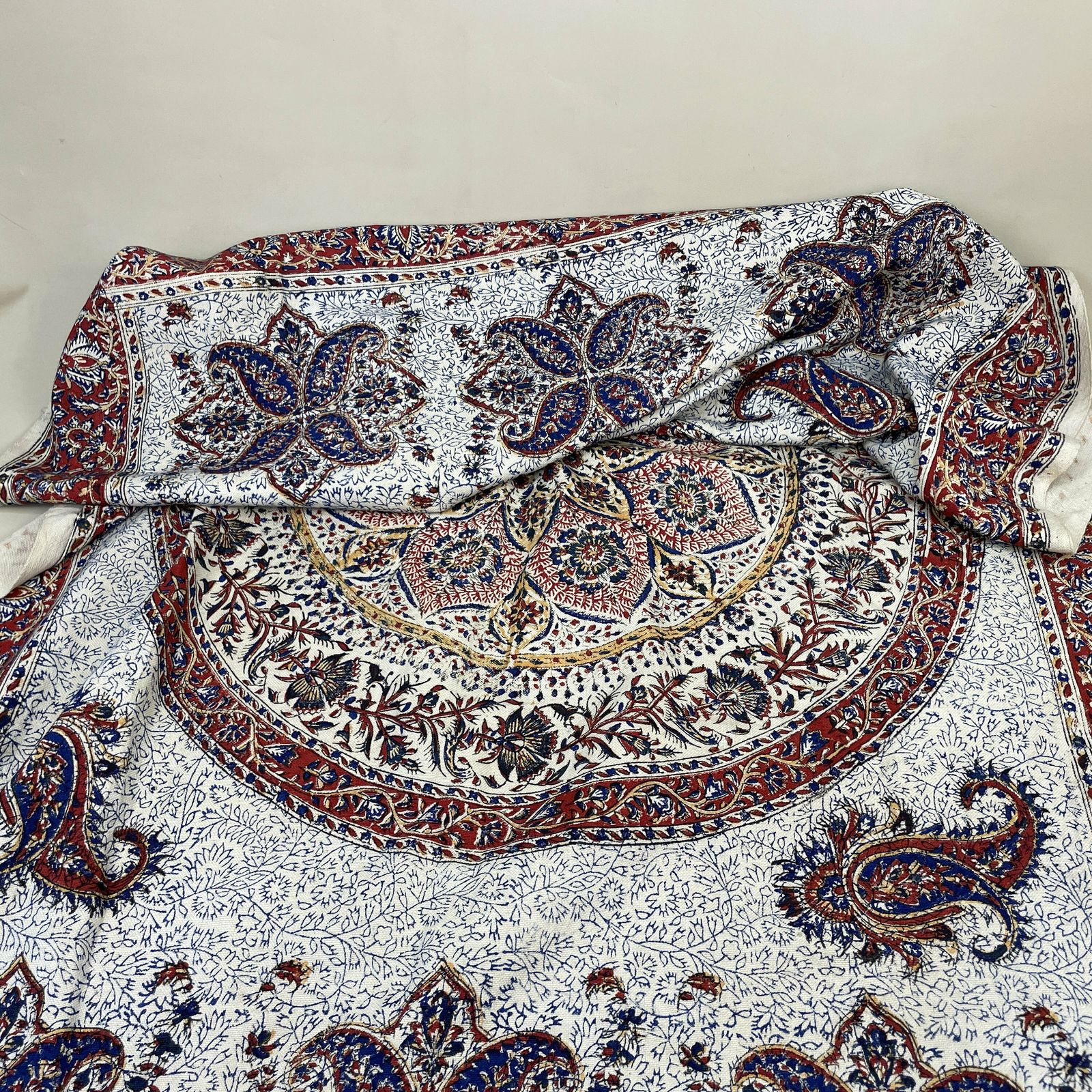 photo for sale Asian Fabric Throw Blanket Hand Printed Paisley Pattern Tassels Cover Handmade Tapestry 150x94cm Quilt Blue Red Fabric