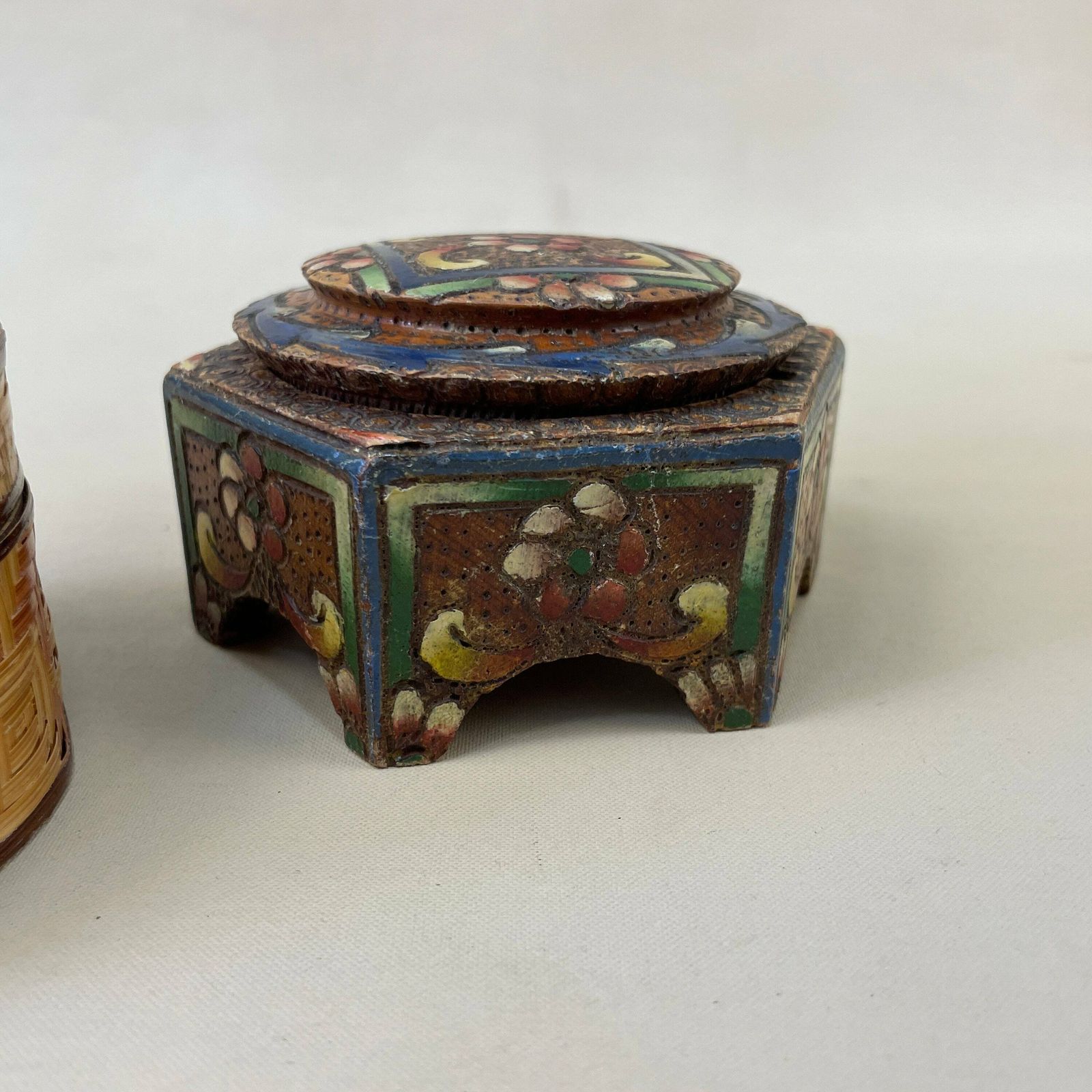 Two Antique Wooden Boxes Wood Tabletop Desk Vintage Wooden Painted Patterned Pattern Trinket Lid Lidded Box Bamboo Handmade Carved Poke Art photo 55.0