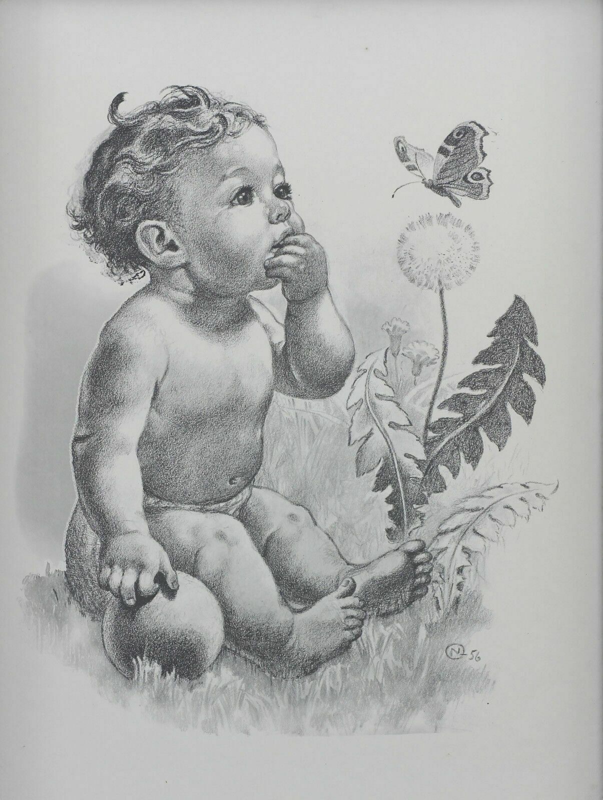 Lithographic Print By Oluf Juhl Nielsen. "Boy With Butterfly" photo furniture
