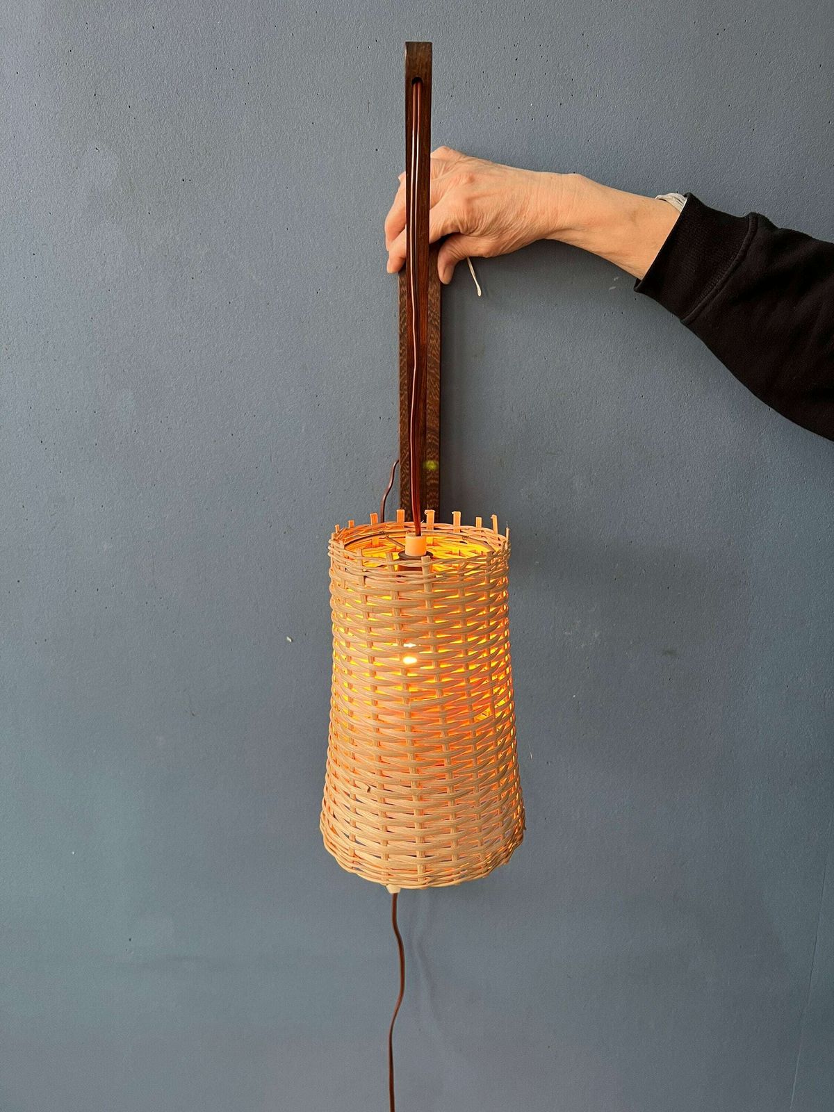 Mid Century Danish Teak Wood Fishing Rod Wall Lamp With Reed Shade photo 367.0