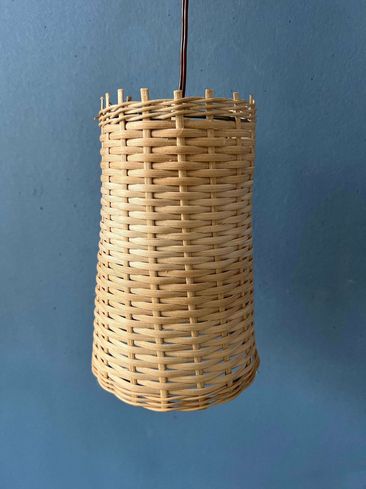 photo for sale Mid Century Danish Teak Wood Fishing Rod Wall Lamp With Reed Shade