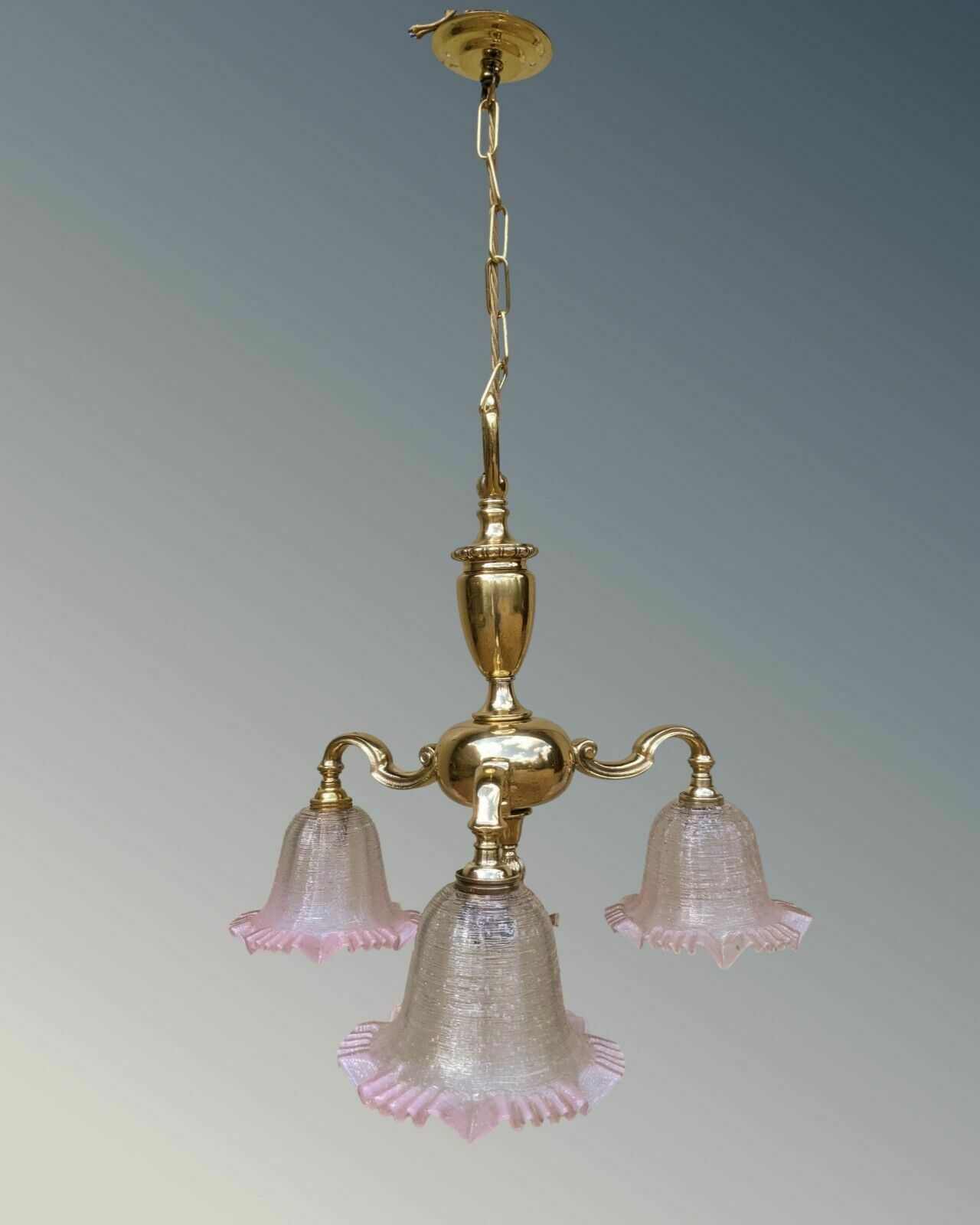 Pretty Antique Brass Chandelier Pink Crimped Glass
