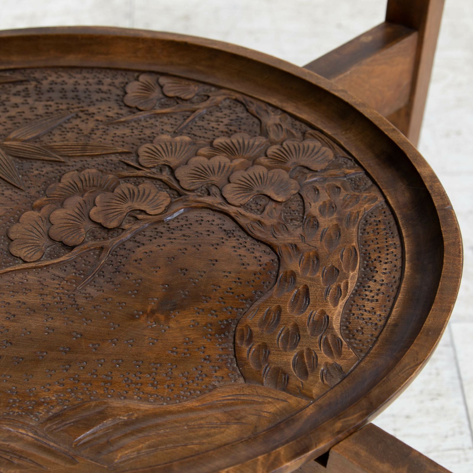Delightful Mid Century Japanese Carved Side Table photo vinterior