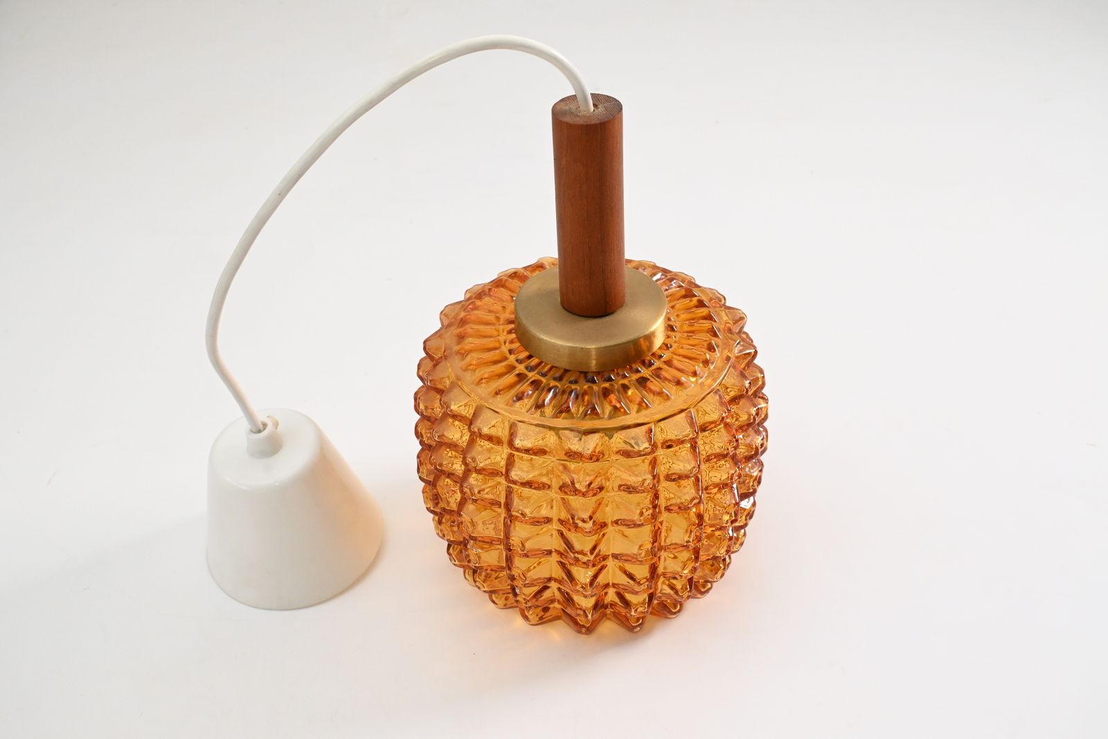 Scandinavian Pendant Light With Spiked Shade Glass And Teak, In The Style Of Orrefors, Sweden 1960s photo vinterior