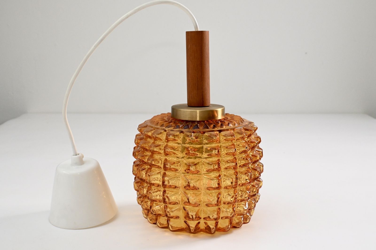 photo furniture Scandinavian Pendant Light With Spiked Shade Glass And Teak, In The Style Of Orrefors, Sweden 1960s