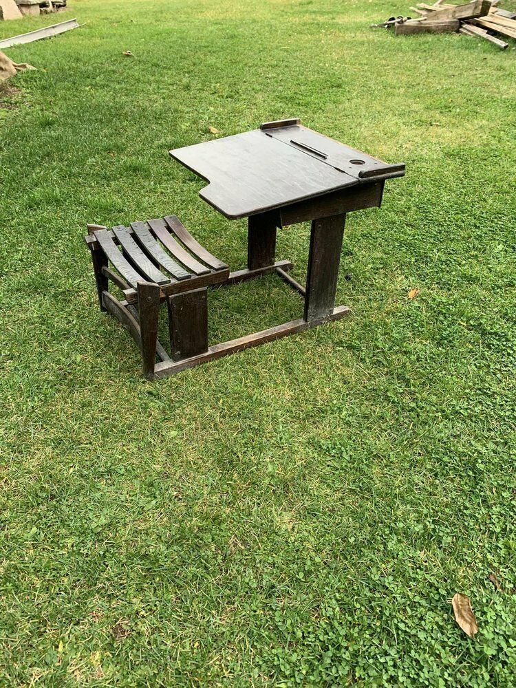 Antique Brown Painted Children's School Bench And Desk, 1920s photo for sale