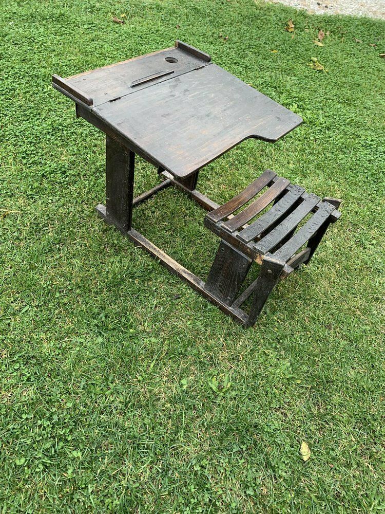 Antique Brown Painted Children's School Bench And Desk, 1920s photo 1398.0