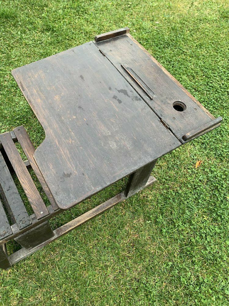 Antique Brown Painted Children's School Bench And Desk, 1920s photo vinterior