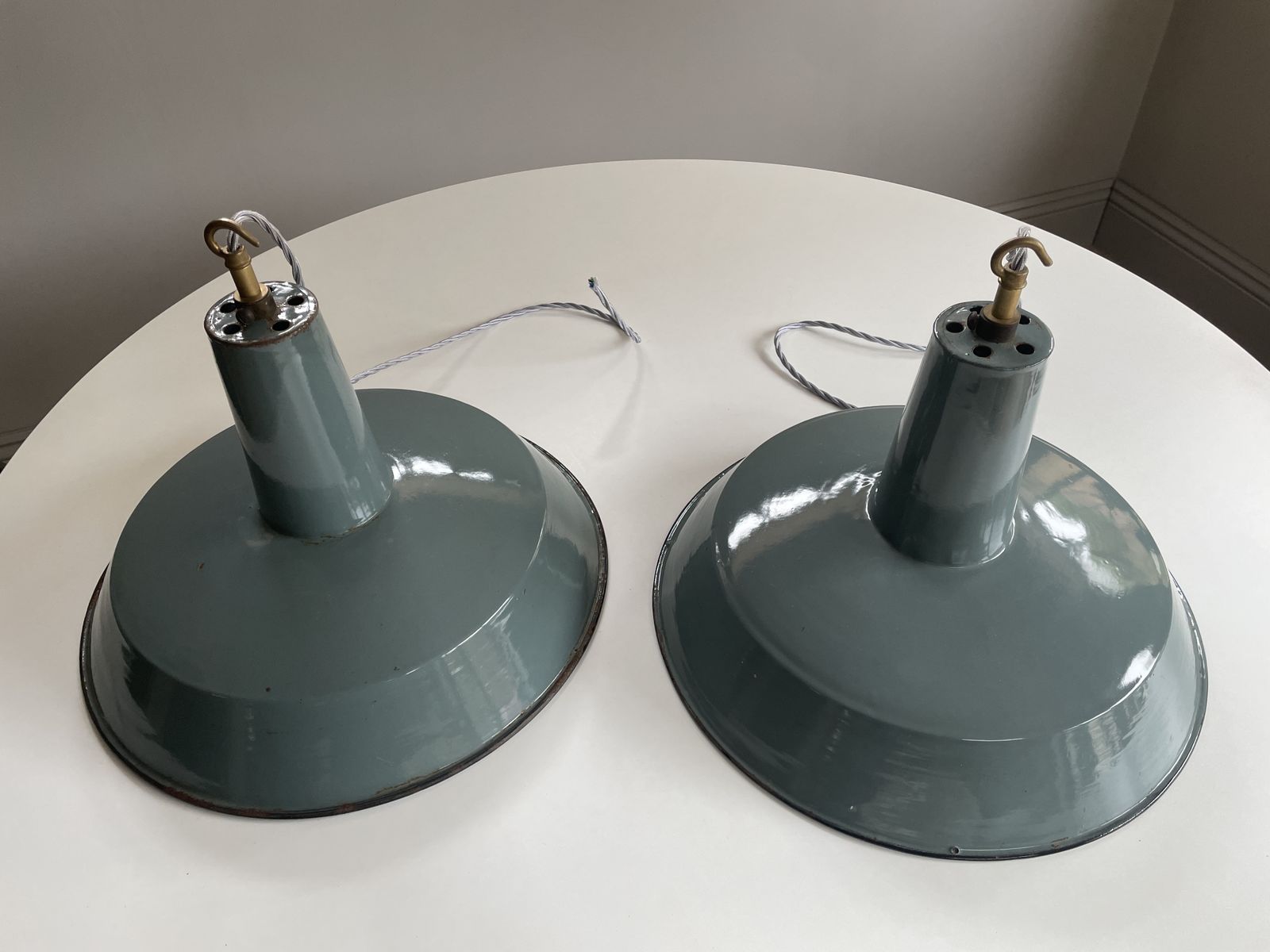 Pair Of Large 1930s Factory Pendant Lights Petrol & White photo furniture