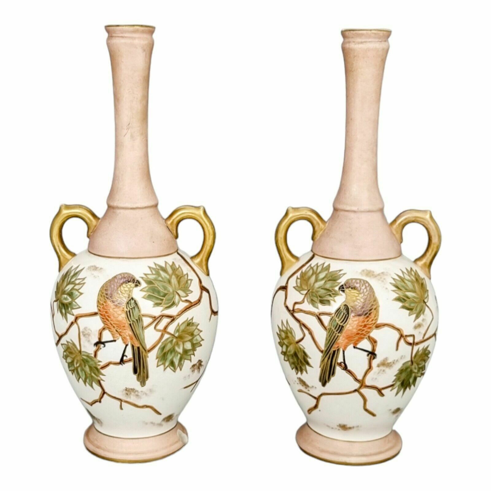 Antique 1880's German Franz Anton Mehlem, Royal Bonn Blush Aesthetic Vase Pair photo for sale