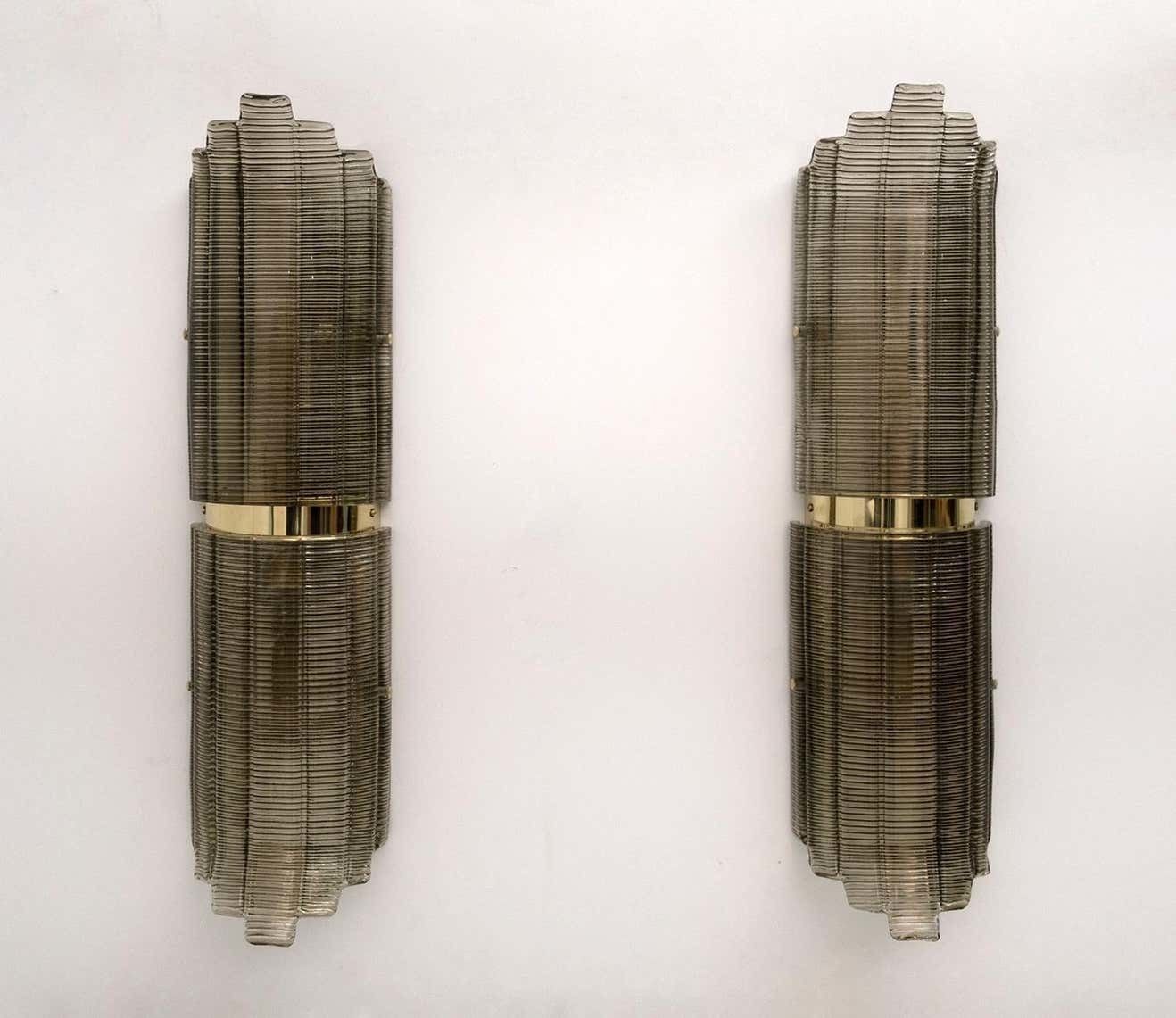Pair Of Modern Italian Brass And Murano Glass Textured Wall Sconce photo furniture