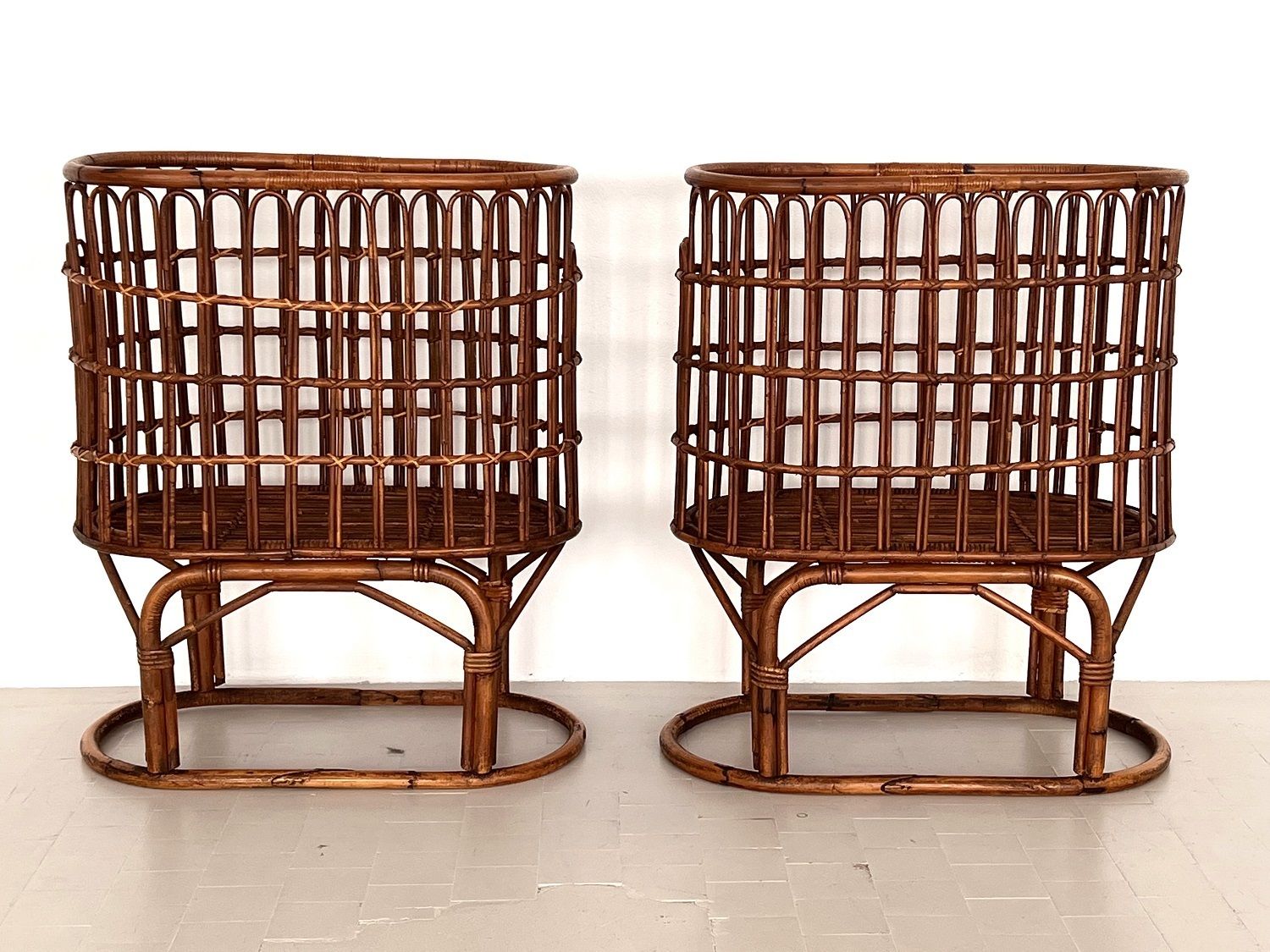 photo for sale Pair Of French Mid Century Xxl Bamboo Baskets, 1970s