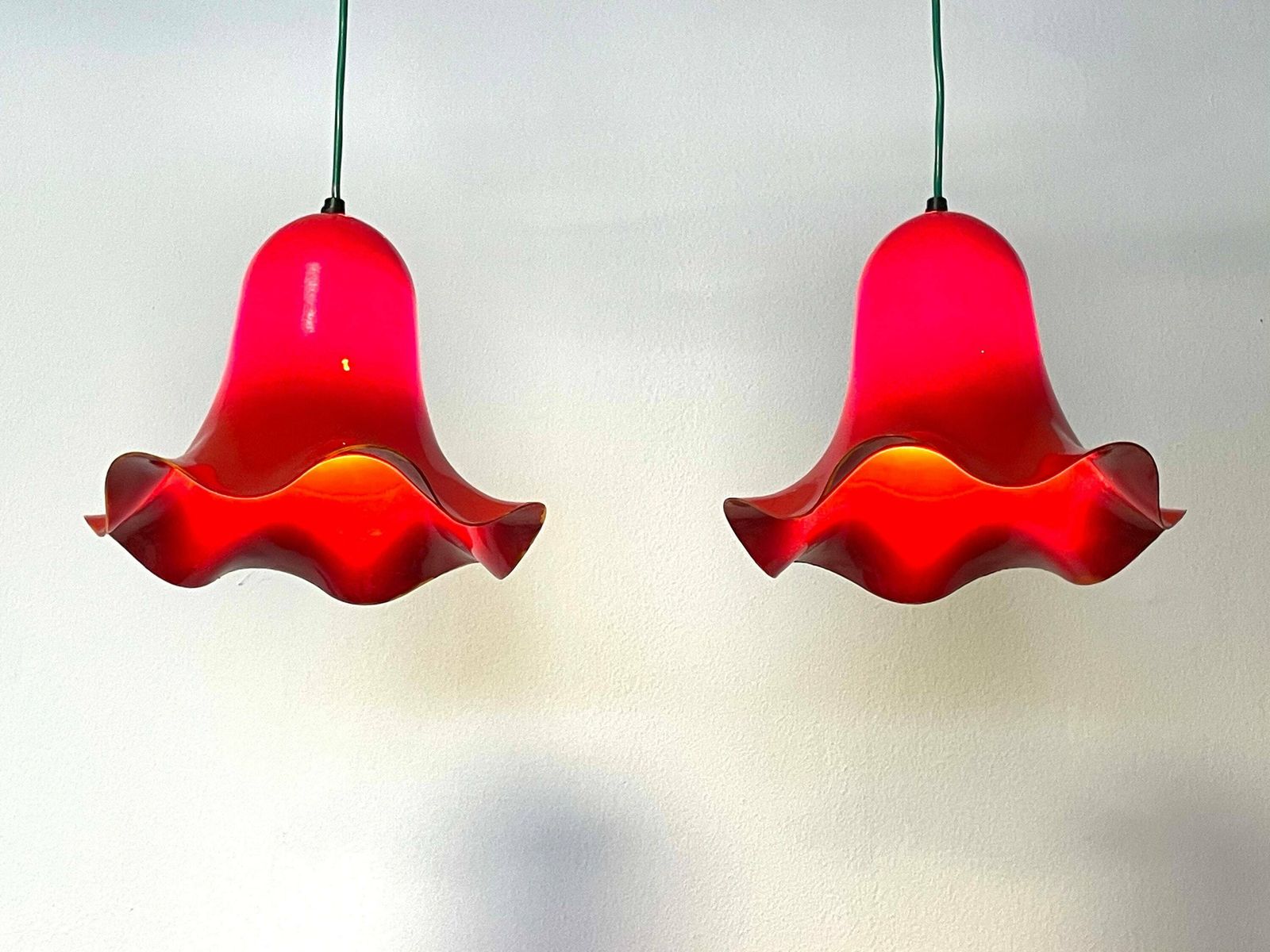 Pair Of Mid Century Modern Vintage Danish Design Ceiling Lamps With Orange Plastic Shades And Cool Light Exposure photo furniture