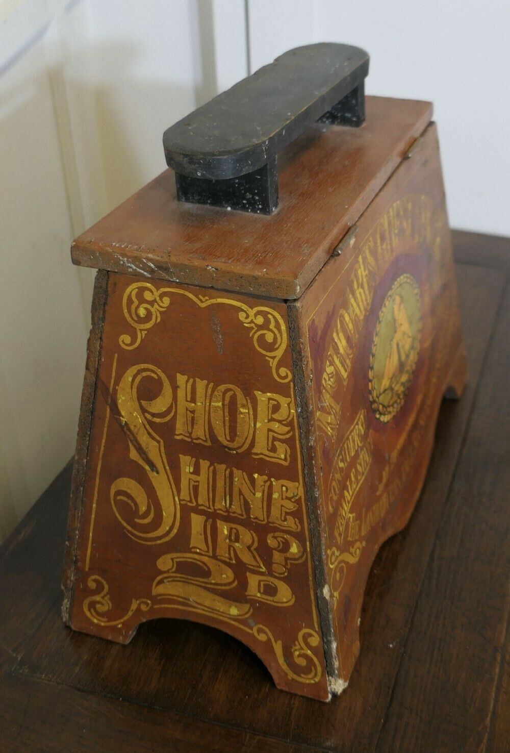 Folk Art Boot And Shoe Cleaning Box With Foot Shaped Shoe Rest photo Home Decor