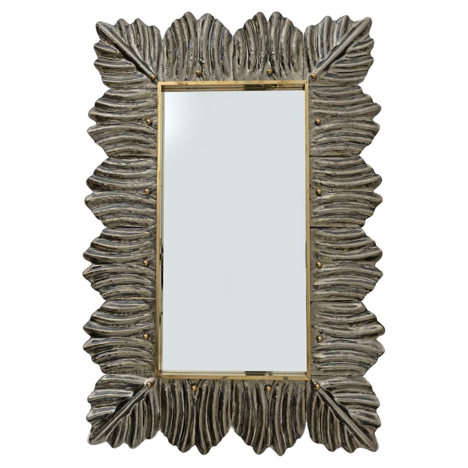 Mid Century Modern Italian Brass And Leaves Murano Glass Wall Mirror