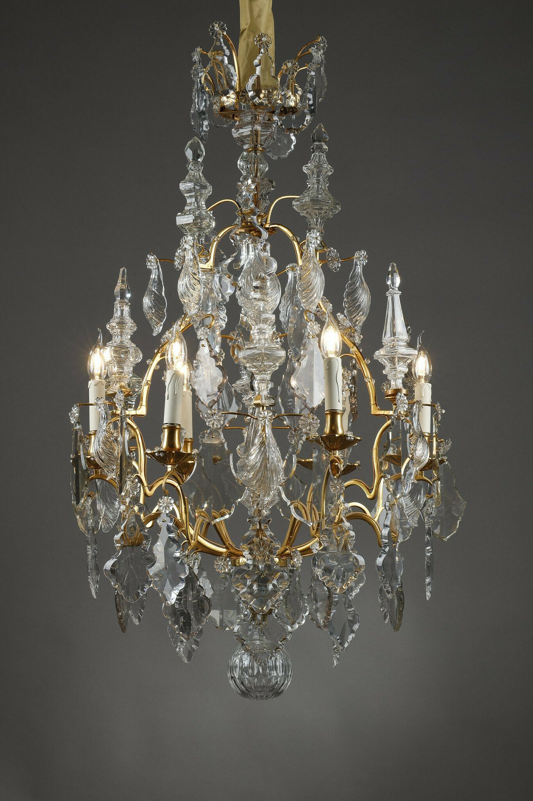Six Light Gilt Bronze Cage Chandelier With Cut Crystal Pendants And Daggers photo furniture