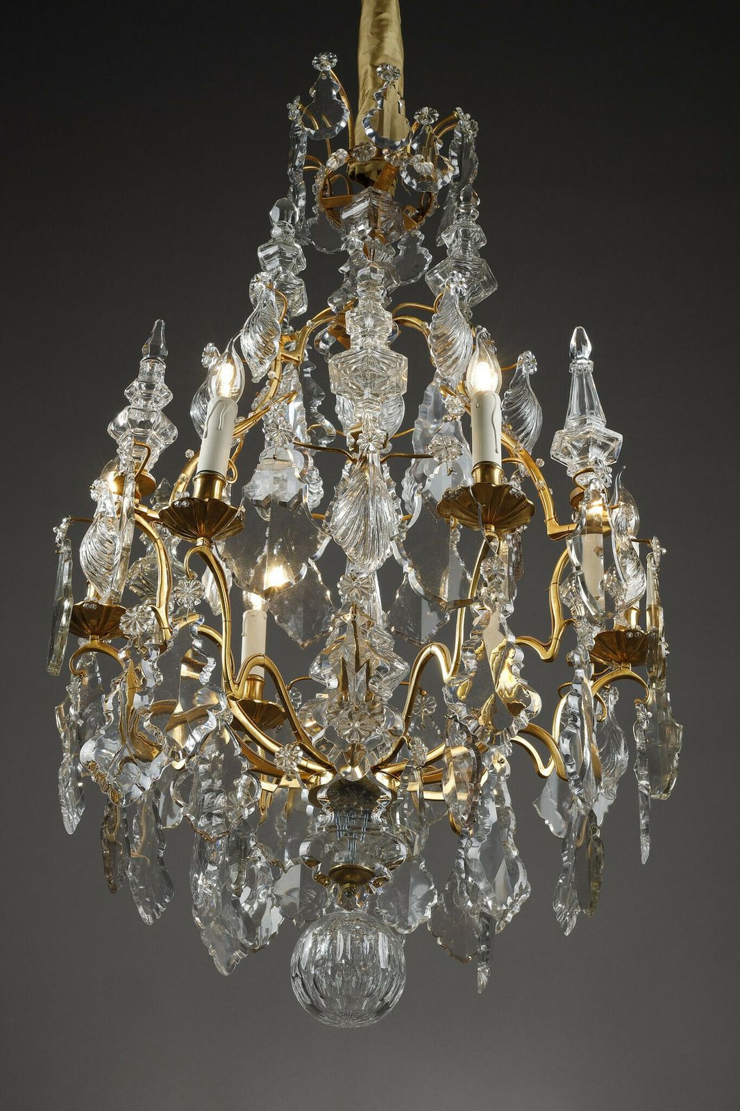 Six Light Gilt Bronze Cage Chandelier With Cut Crystal Pendants And Daggers photo for sale