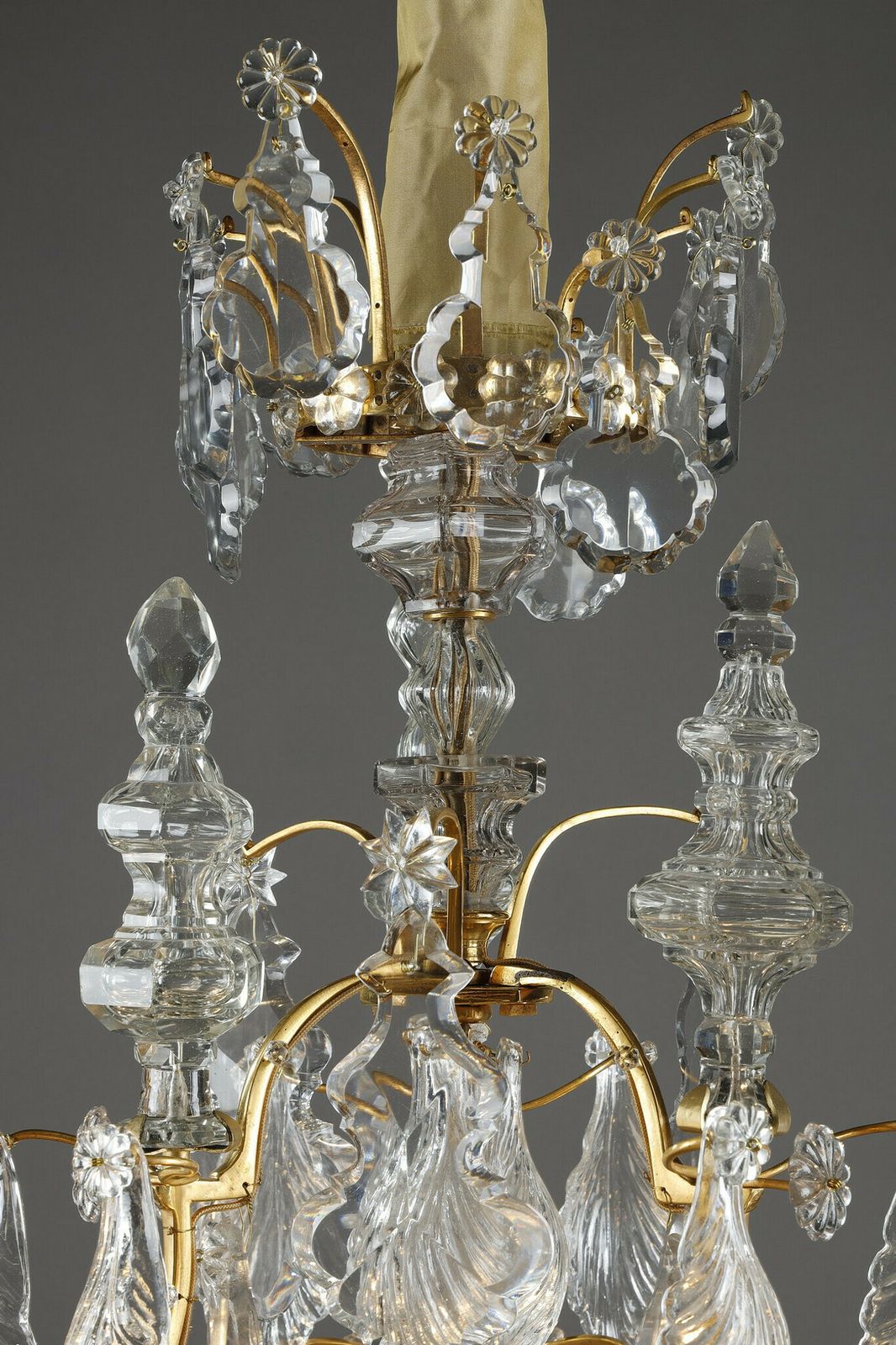 Six Light Gilt Bronze Cage Chandelier With Cut Crystal Pendants And Daggers photo vintage