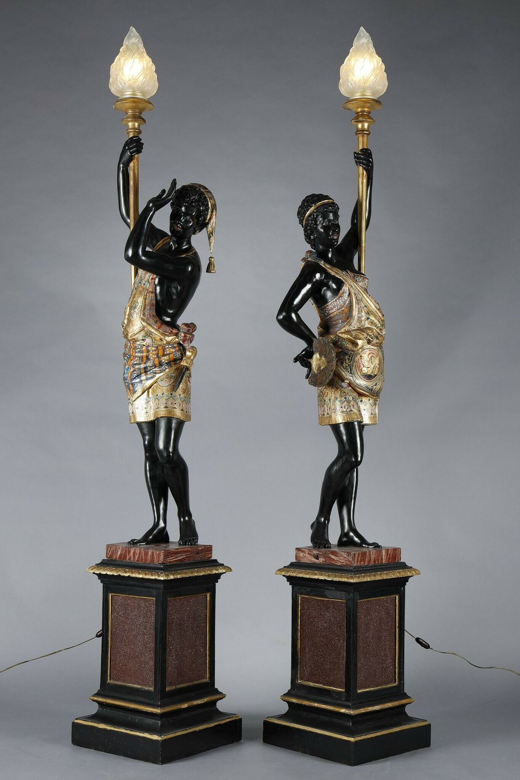 Pair Of Black And Polychrome Lacquered Wood Torchholders Depicting Nubians photo for sale