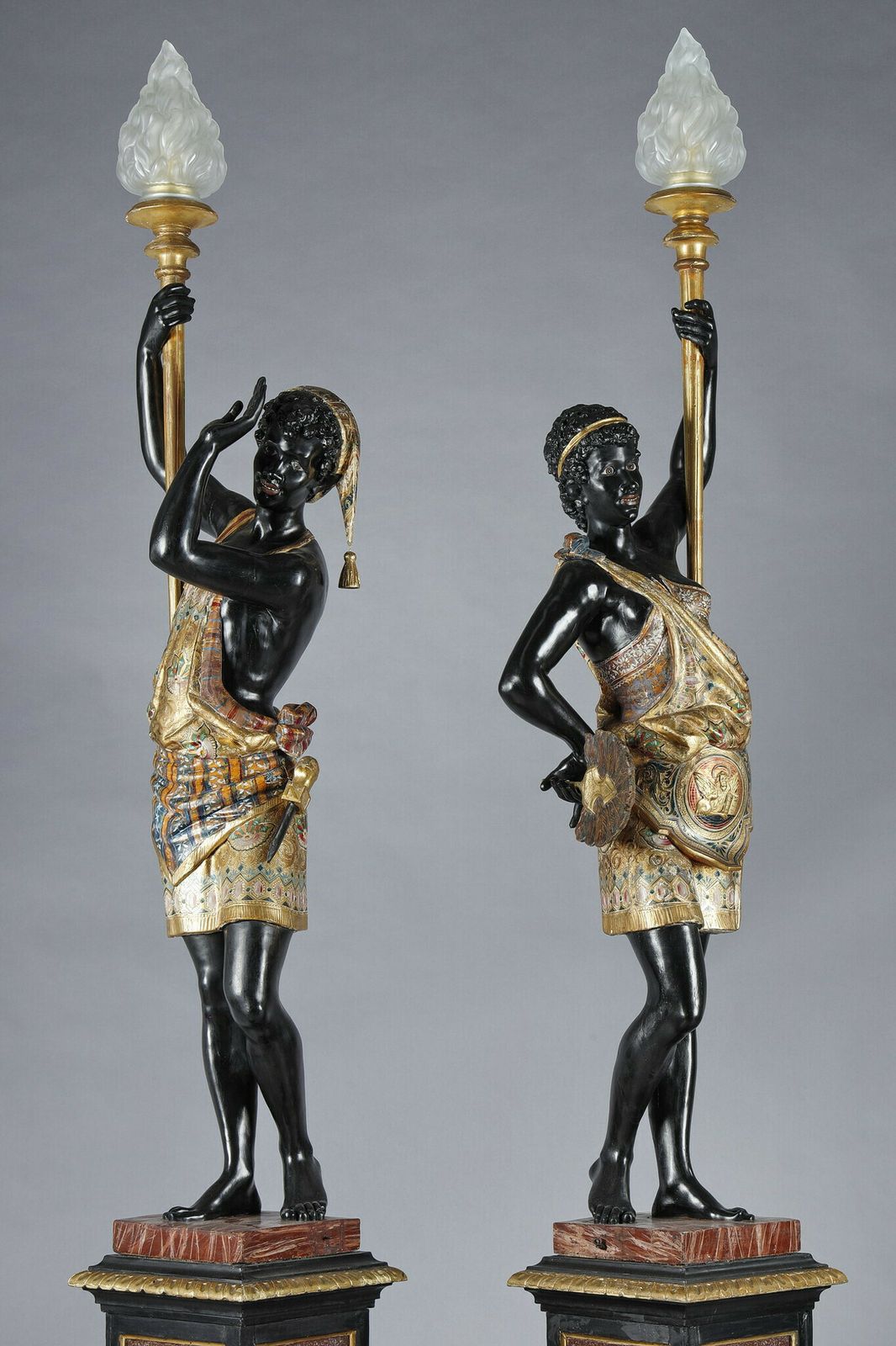 Pair Of Black And Polychrome Lacquered Wood Torchholders Depicting Nubians photo Garden Lighting