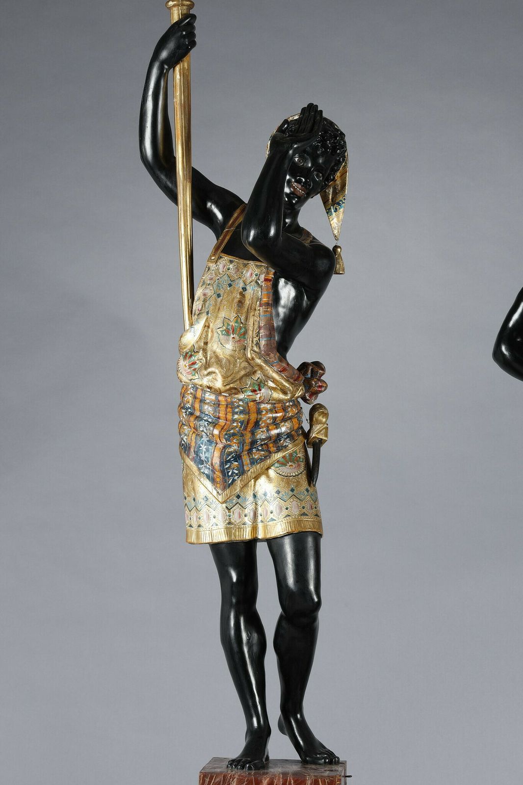 Pair Of Black And Polychrome Lacquered Wood Torchholders Depicting Nubians photo vinterior