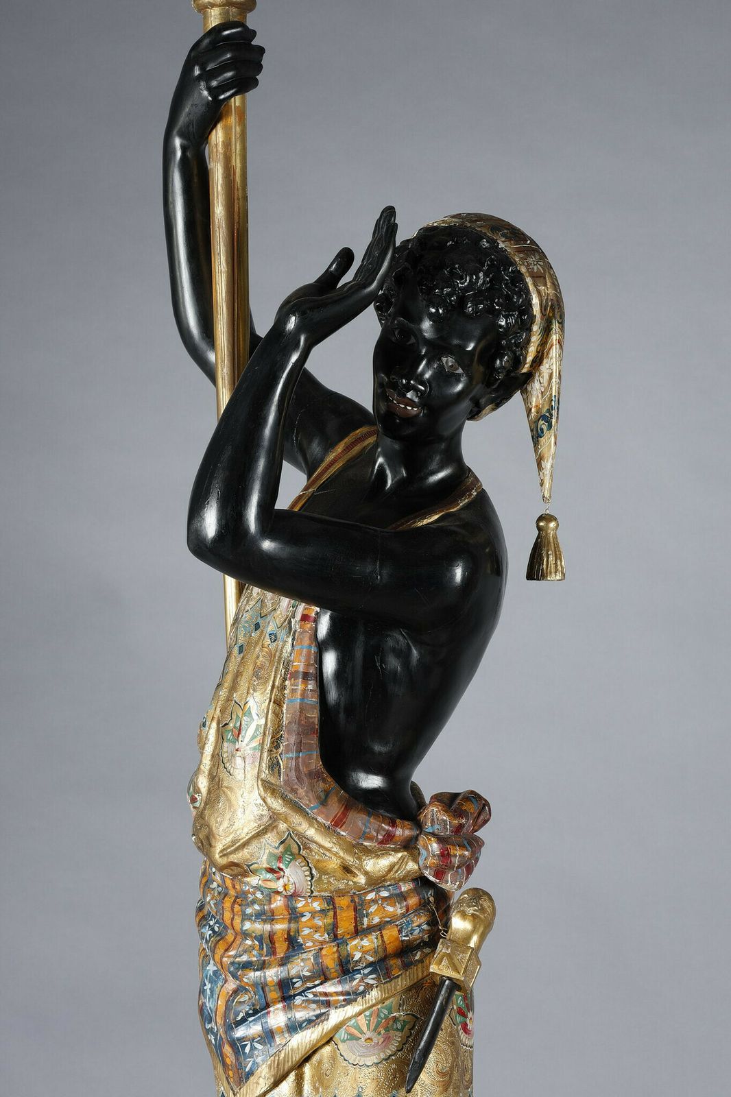 Pair Of Black And Polychrome Lacquered Wood Torchholders Depicting Nubians photo vintage