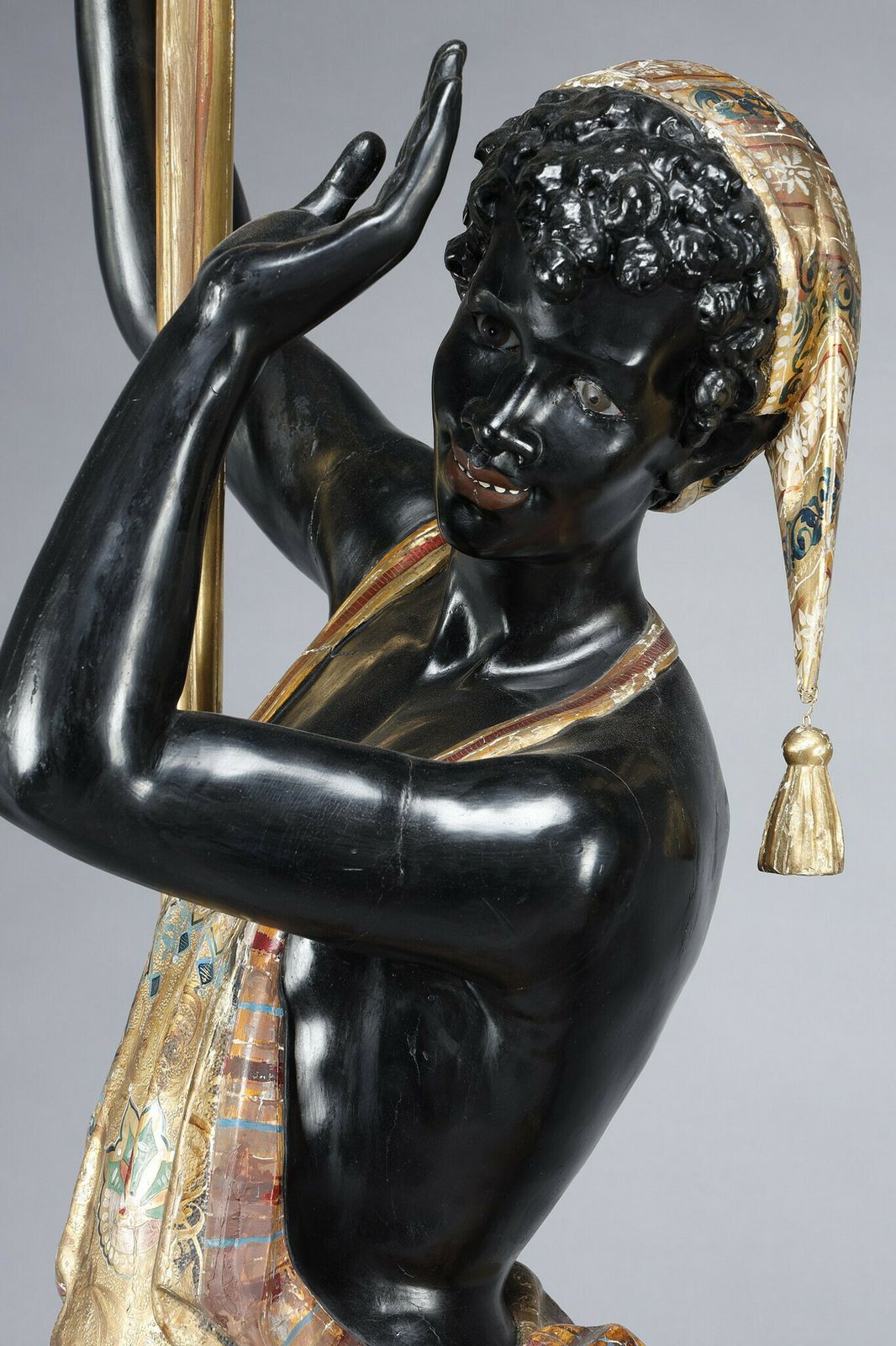 12611.0 Pair Of Black And Polychrome Lacquered Wood Torchholders Depicting Nubians photo
