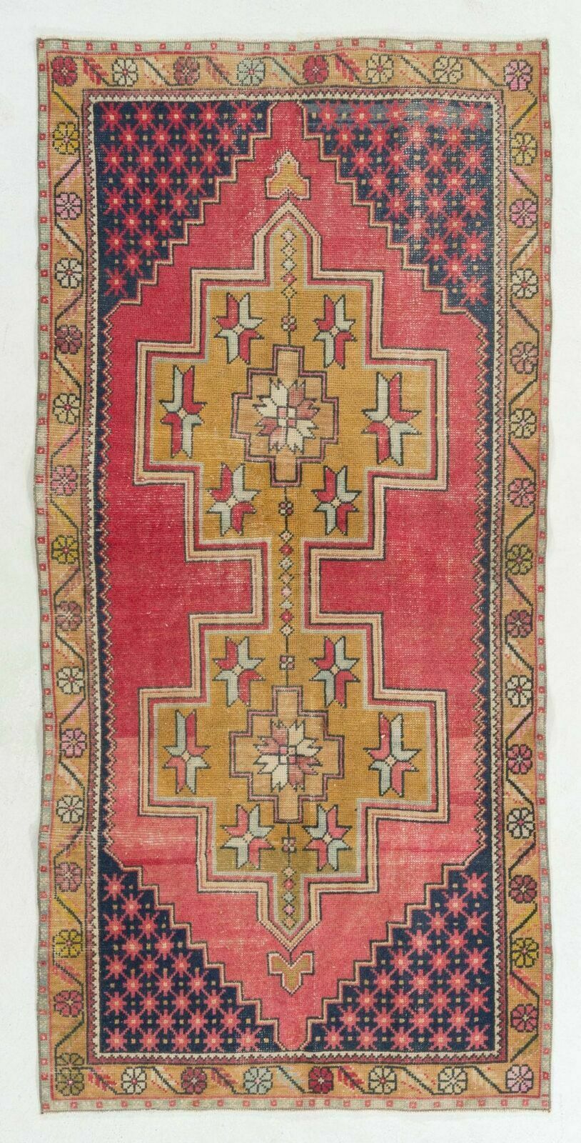 4.2x8.6 Ft Vintage Hand Knotted Turkish Area Rug With Wool Pile In Red And Gold