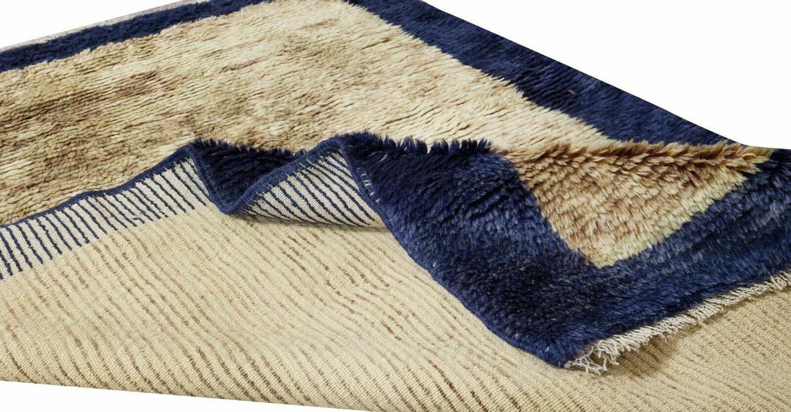 Late 20th Century Minimalist Handmade "Tulu" Rug In Navy Blue & Camel photo for sale