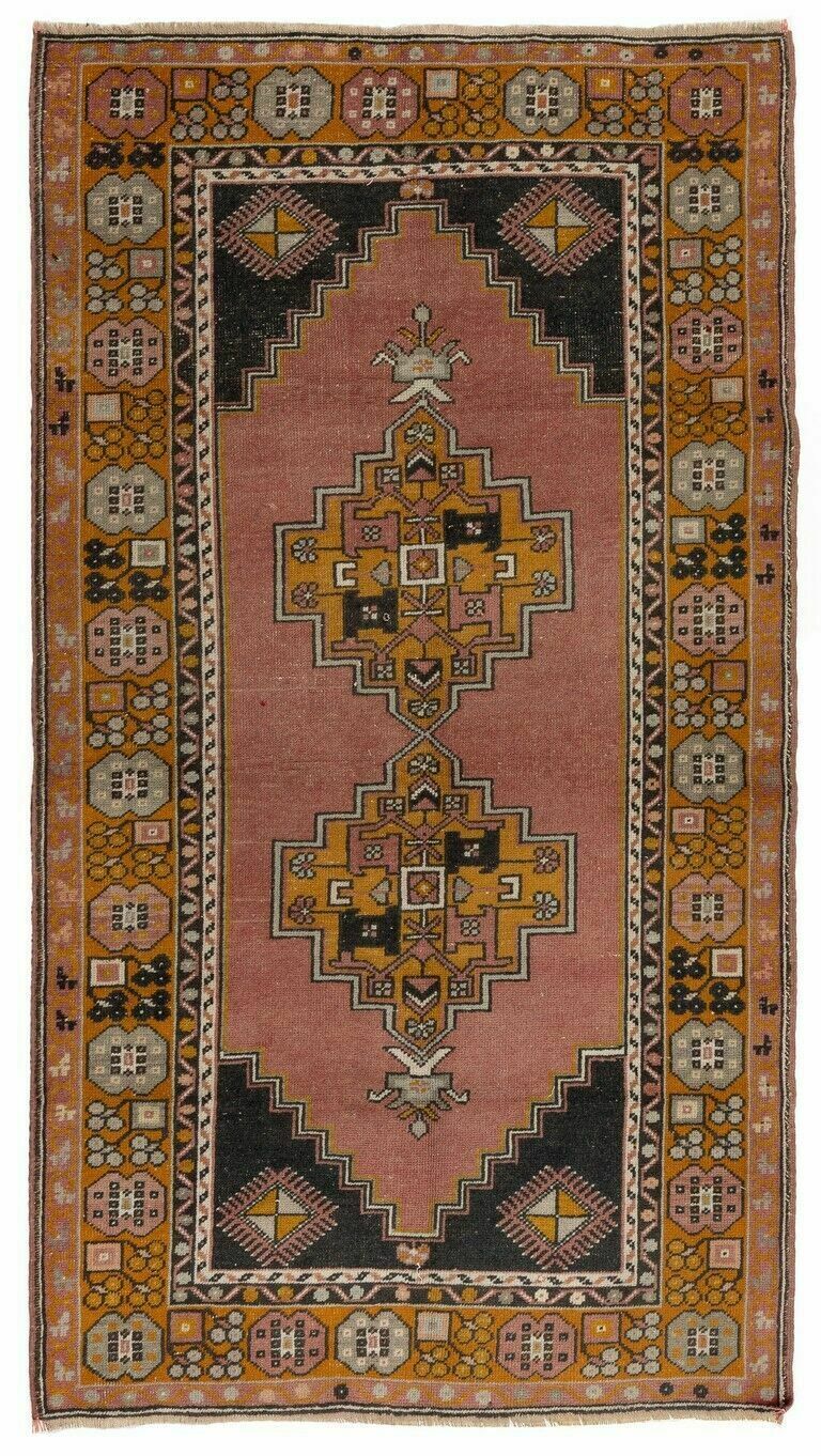 4x7 Ft Vintage Hand Knotted Wool Turkish Rug In Gold And Faded Coral