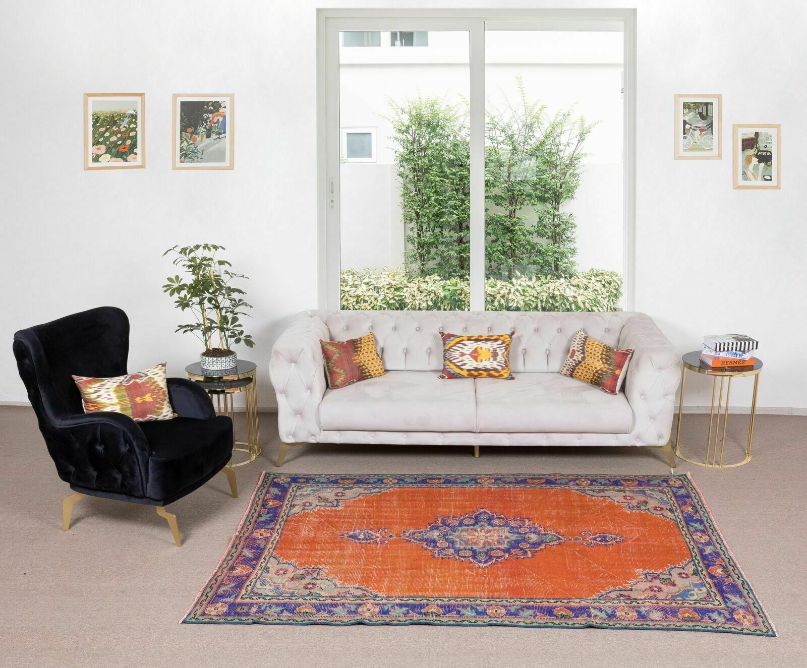 5.5x7.9 Ft Handknotted Turkish Vintage Rug In Burnt Orange, Purple, Blue & Green photo furniture