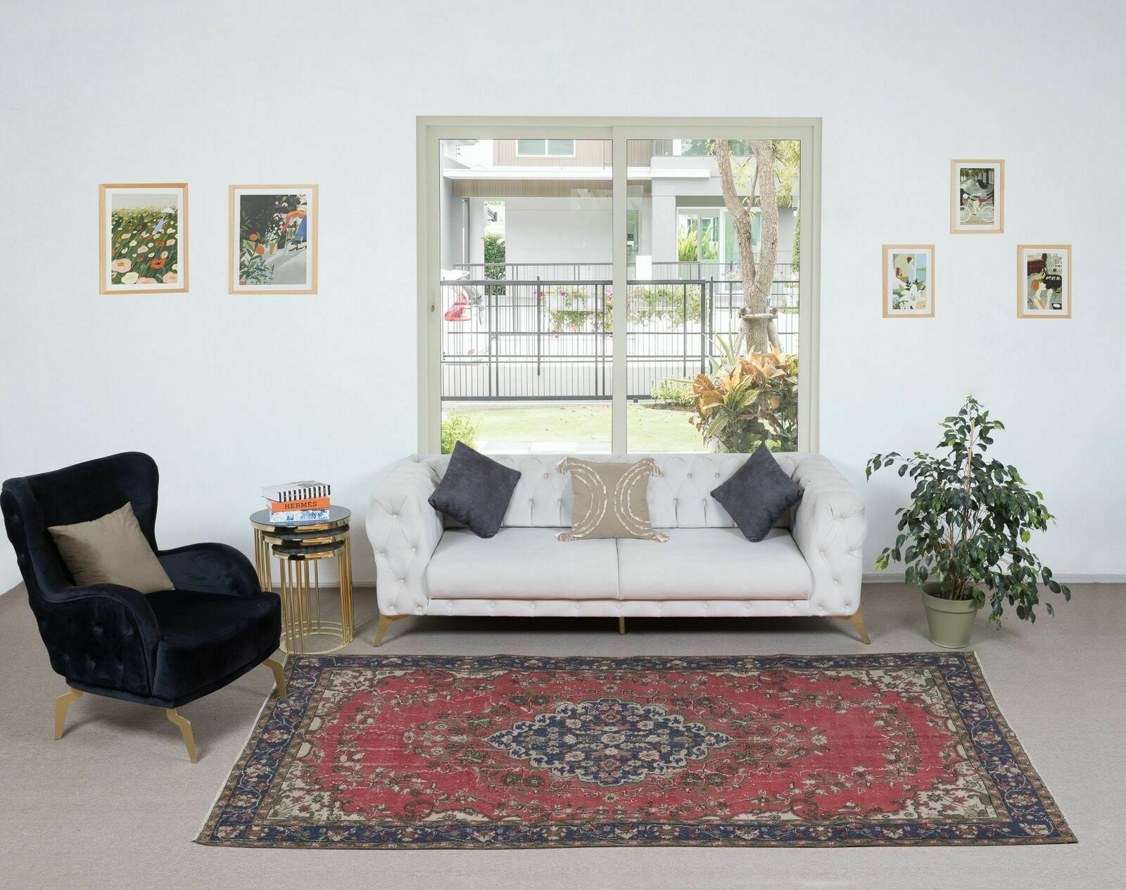 5.6x10.2 Ft Vintage Handmade Turkish Wool Area Rug In Red, Beige & Dark Blue photo furniture