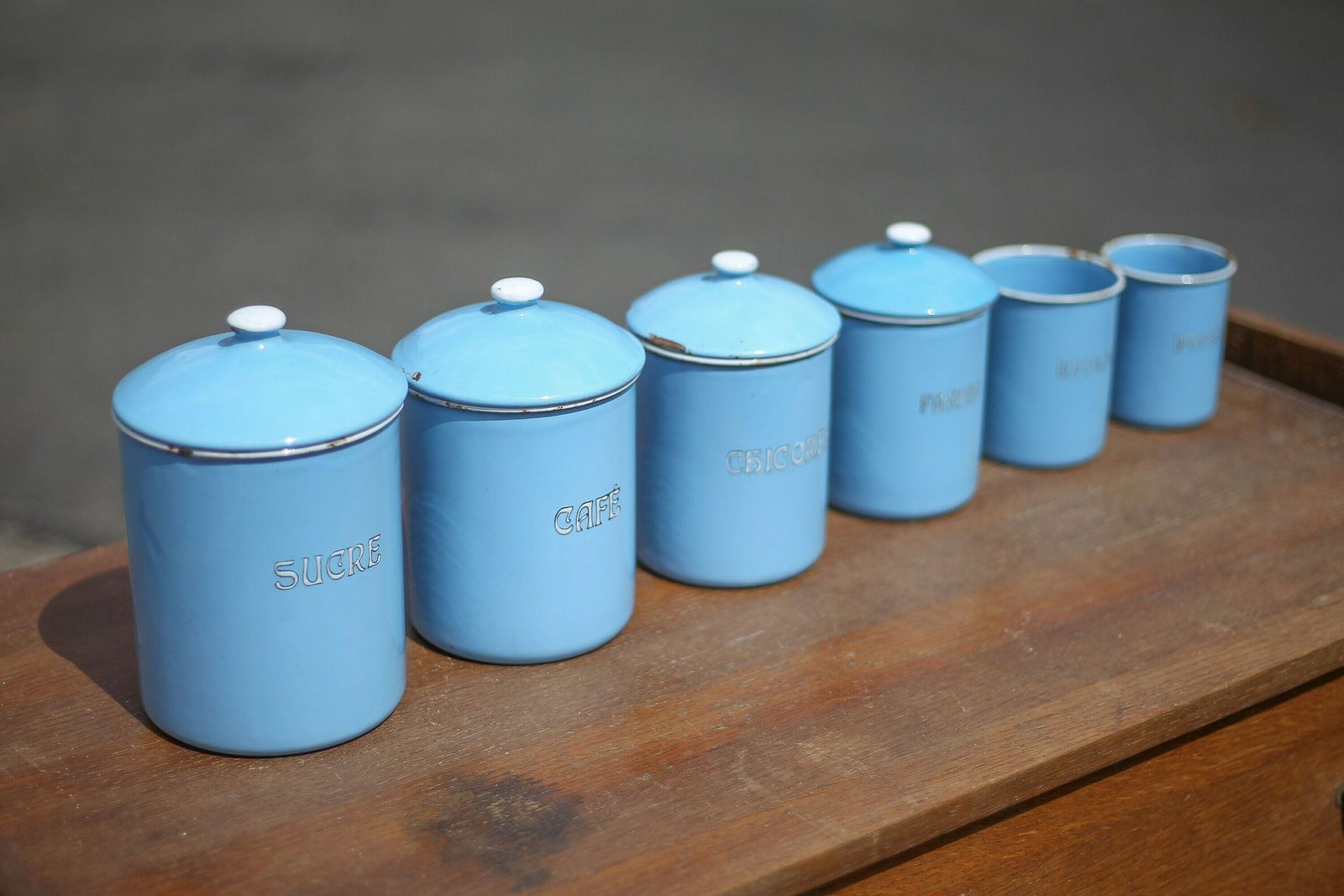 Series Of Kitchen Pots (X 6), Blue Enameled Pots, Spice Pots, Belgium, Enameled Boxes, Kitchen, Countryside, Enamelware, 40's photo Home Decor