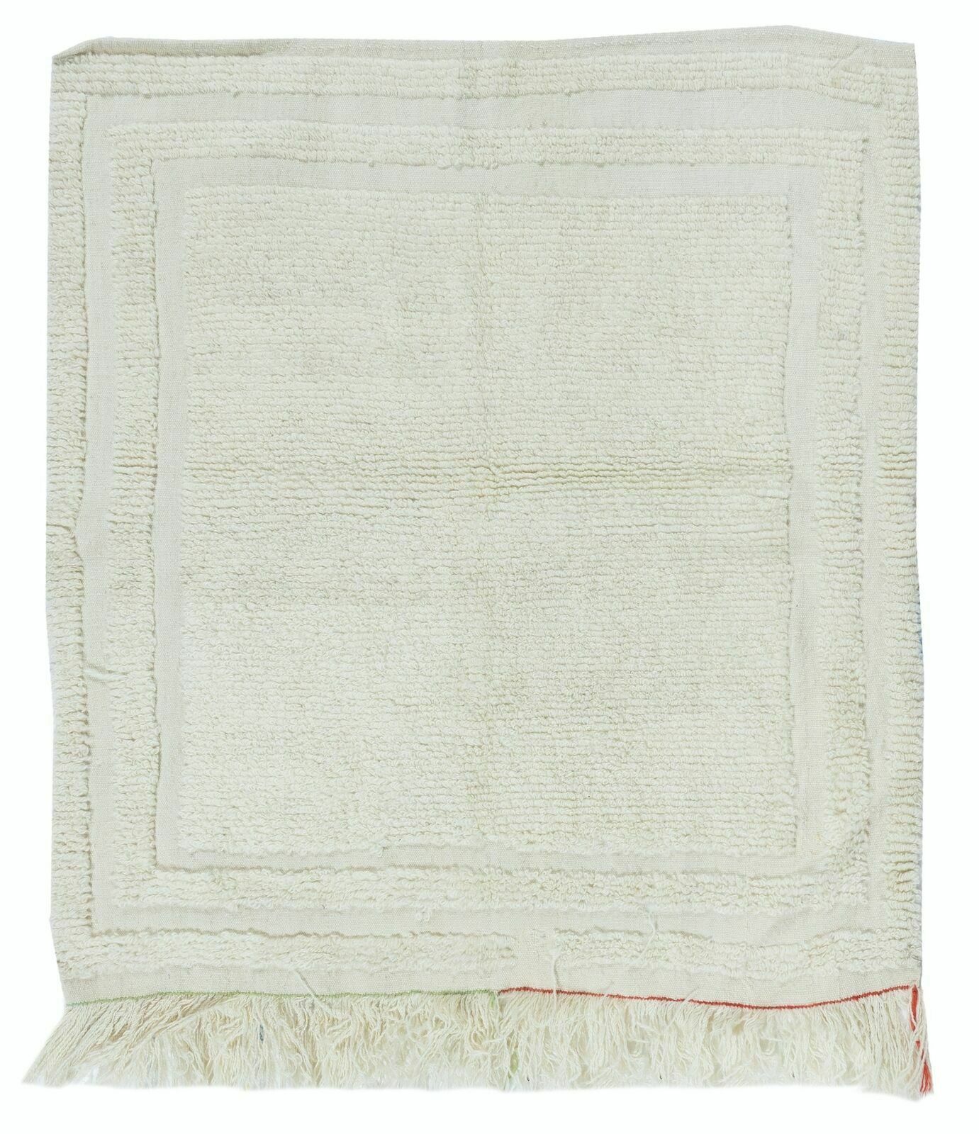 3.4x3.7 Ft Minimalist Vintage Turkish Small Tulu Rug In Beige, 100% Natural Wool