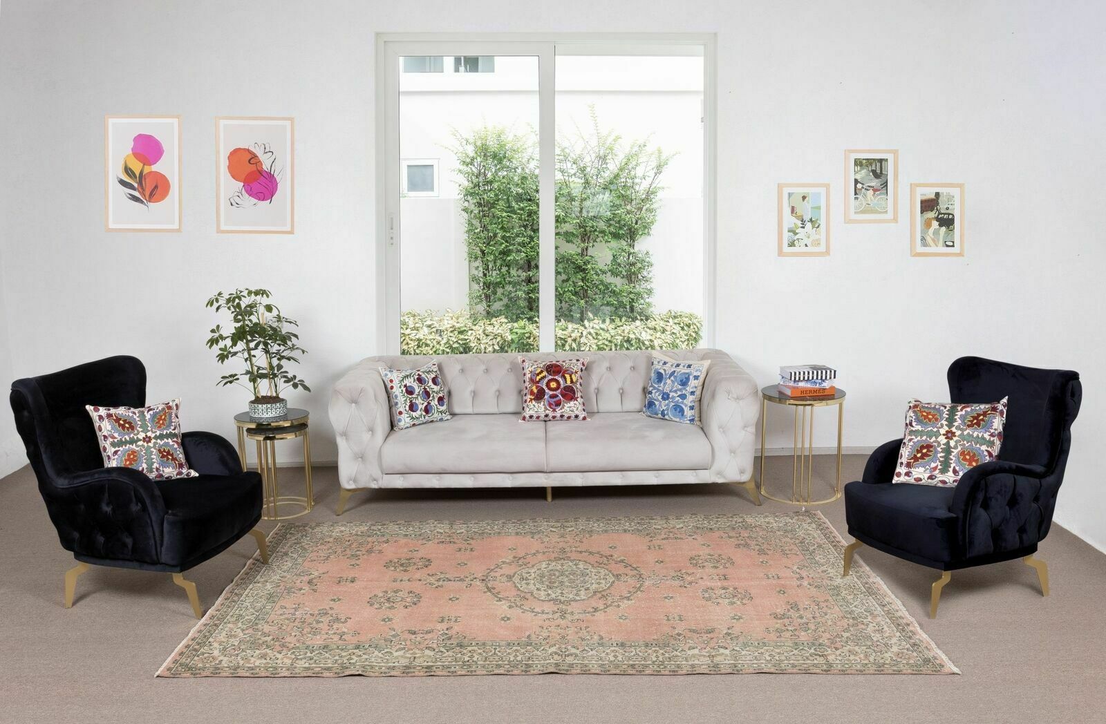 5.8x9.8 Ft Vintage Handmade Medallion Design Anatolian Rug In Red, Beige & Green photo furniture
