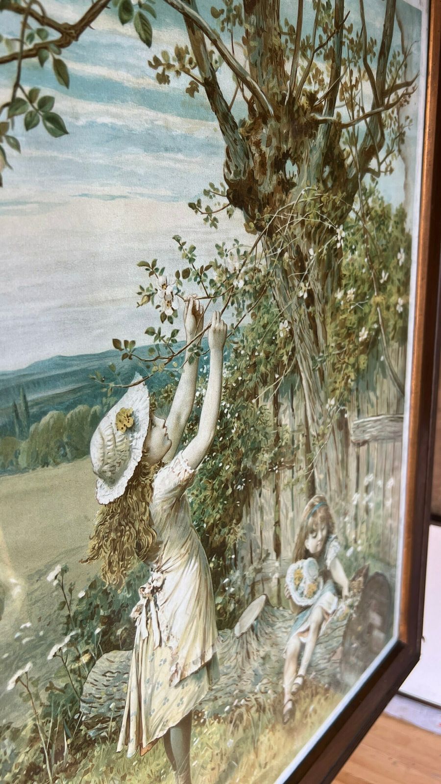 Extra Large Antique Framed Lithograph Life’s Sunny Spring   William Stephen Coleman [Depicts Victorian Girls Gathering Flowers] photo for sale