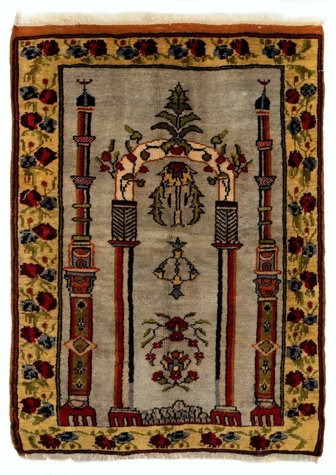 3x4.3 Ft Vintage Turkish Prayer Rug Depicting An Archway, Columns And Flowers