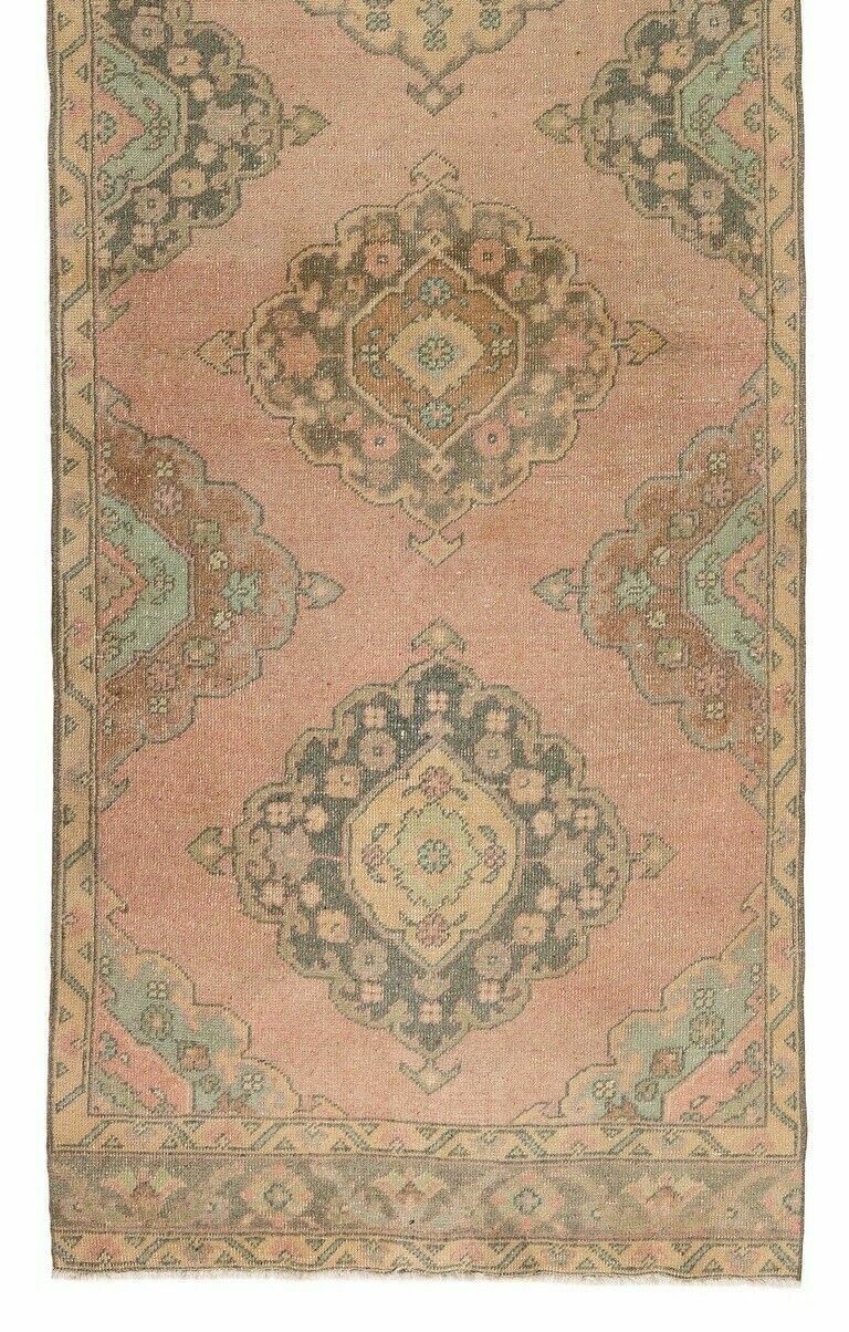 3.7x12.2 Ft Vintage Anatolian Wool Runner Rug In Faded Coral And Light Blue photo Textiles