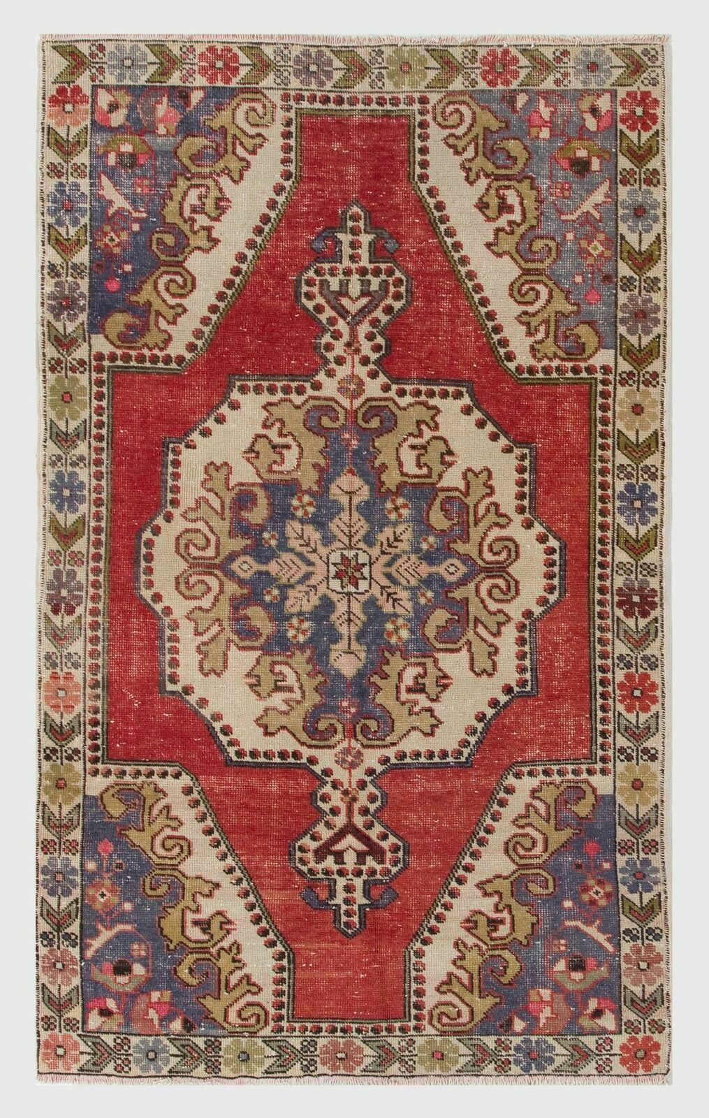 4.4x7.2 Ft Vintage One Of A Kind Anatolian Rug. Floral Border. Red, Beige, Blue
