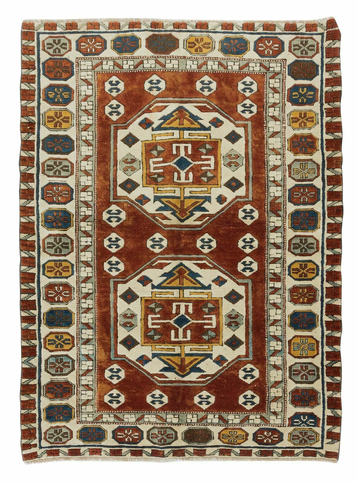 Vintage Hand Knotted Turkish Wool Rug, One Of A Kind Geometric Carpet
