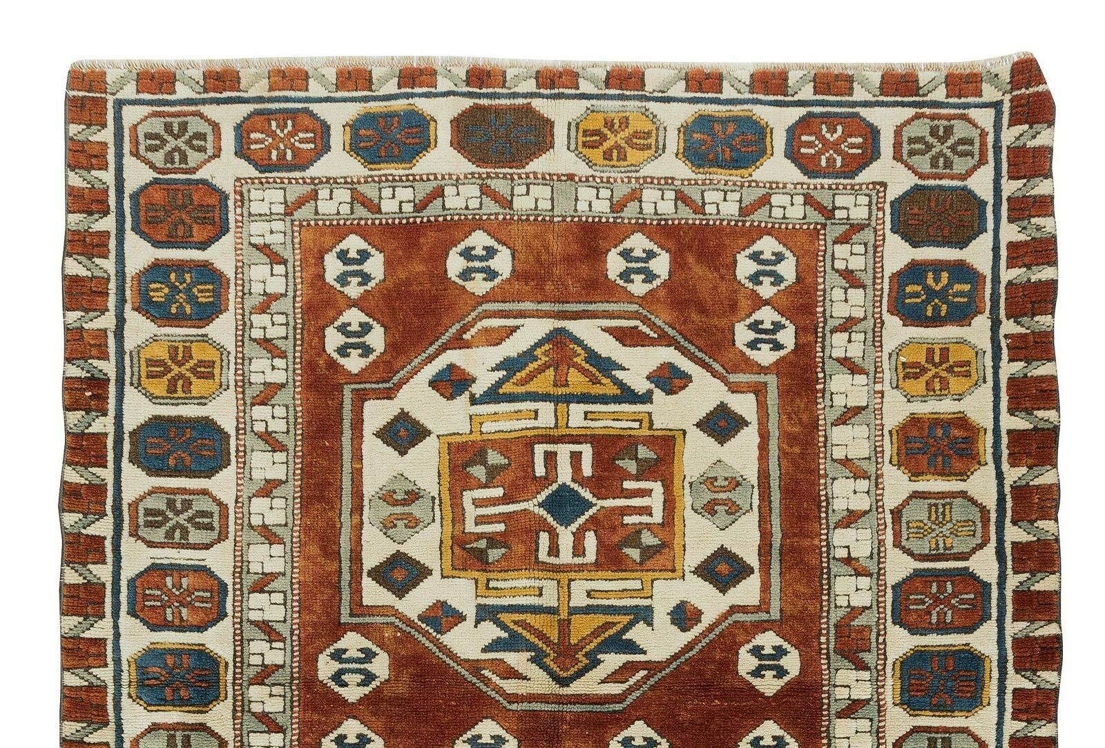 Vintage Hand Knotted Turkish Wool Rug, One Of A Kind Geometric Carpet photo Textiles
