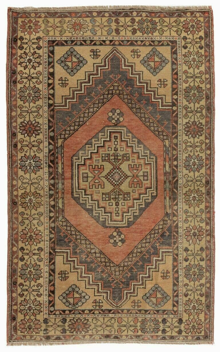 Handmade Vintage Turkish Village Rug With Geometric Medallion Design