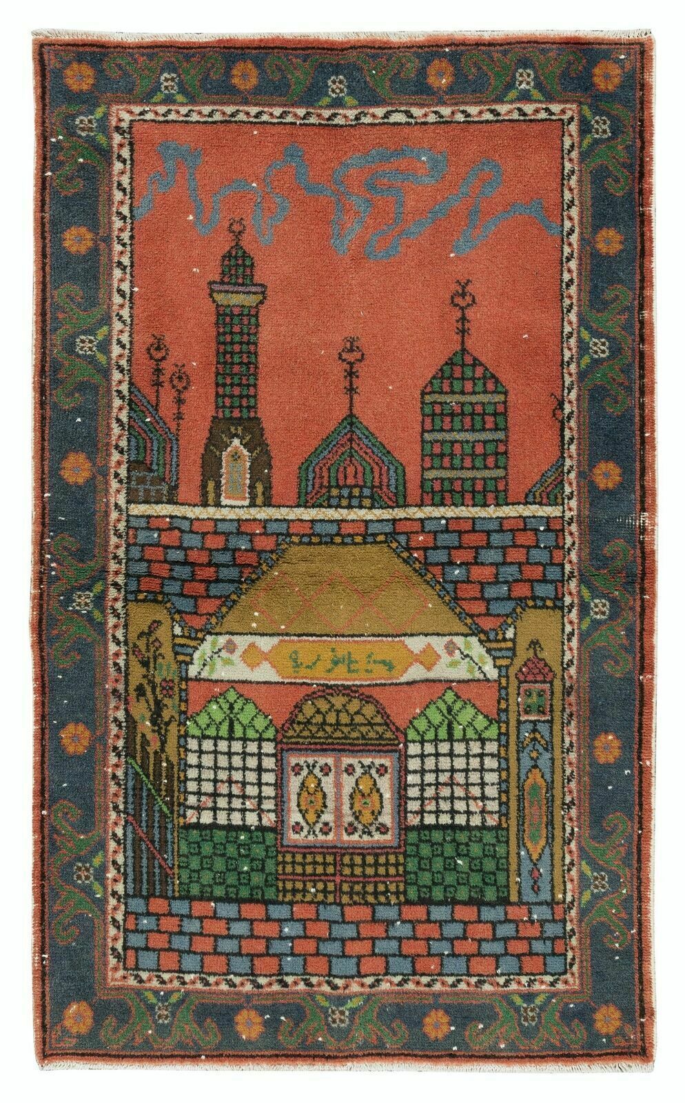 Handmade 1960s Prayer Rug With Mosque Motif, Turkish Wool Accent Rug